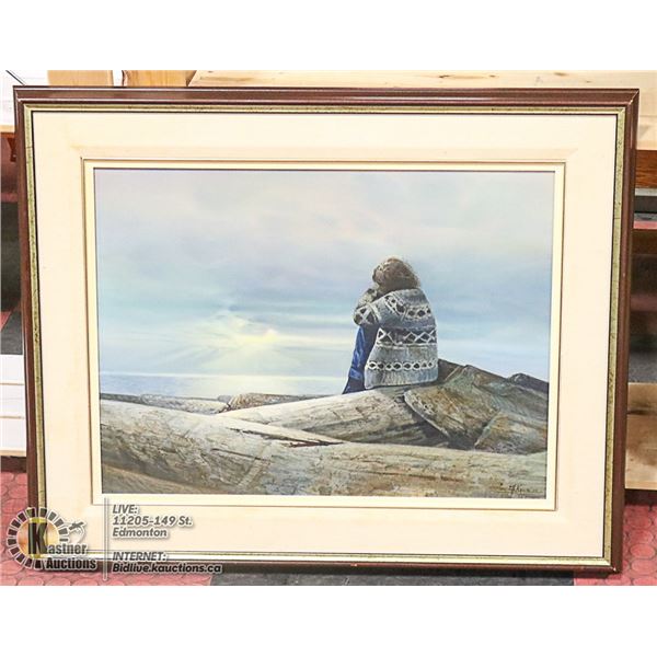 OIL PAINTING SUNSET-GIRL ON LOGS OVER OCEAN