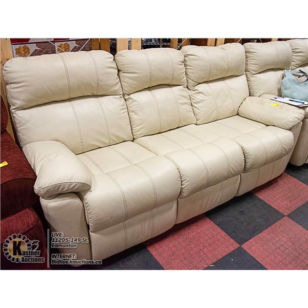 WHITE LEATHER SOFA MANUAL RECLINER, USED