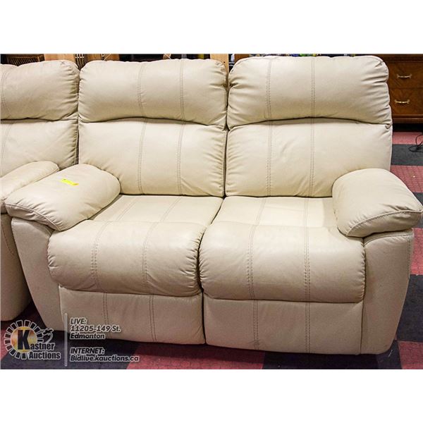 WHITE LEATHER COUCH MANUAL RECLINER, USED