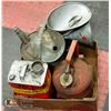 Image 1 : BOX LOT OF VINTAGE FUNNELS AND GAS CANS