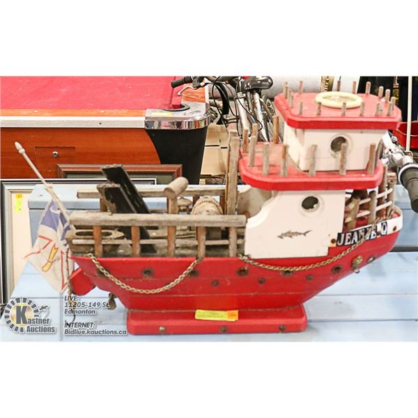 VINTAGE WOOD FOLK ART HANDCRAFTED FISHING BOAT