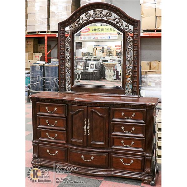 LARGE WOOD DRESSER AND MIRROR SET