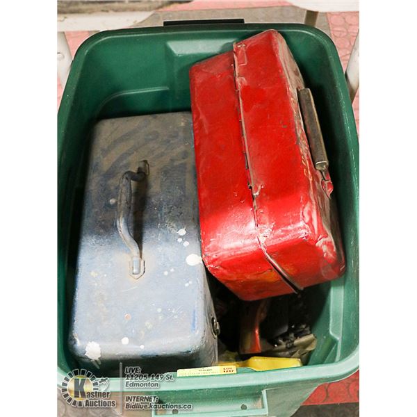 TOTE FULL OF DRILL BITS AND 2 TOOL BOXES