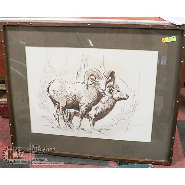 VINTAGE FRAMED ORIGINAL "MOUNTAIN SHEEP" 44" X