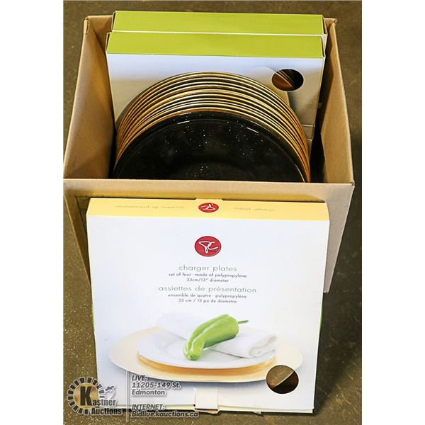 DECORATIVE CHARGER PLATES; 3 BOXES NEW,