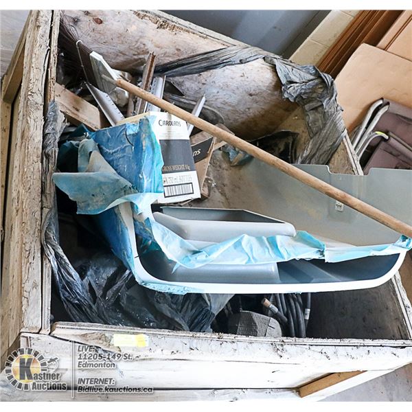 CRATE OF UNCLAIMED MISC, MUST BE REMOVED BY MONDAY