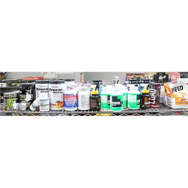 1.SHELF OF ASSORTED WORK OUT SUPPLEMENTS