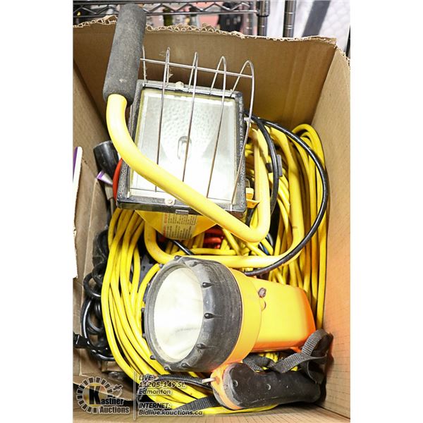 LOT OF EXTENSION CORDS AND TROUBLE LIGHTS