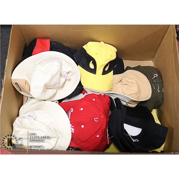 BOX LOT OF VARIOUS STYLES OF BRAND NEW HATS