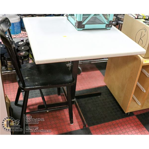 WHITE WOOD SQUARE TABLE WITH METAL BASE