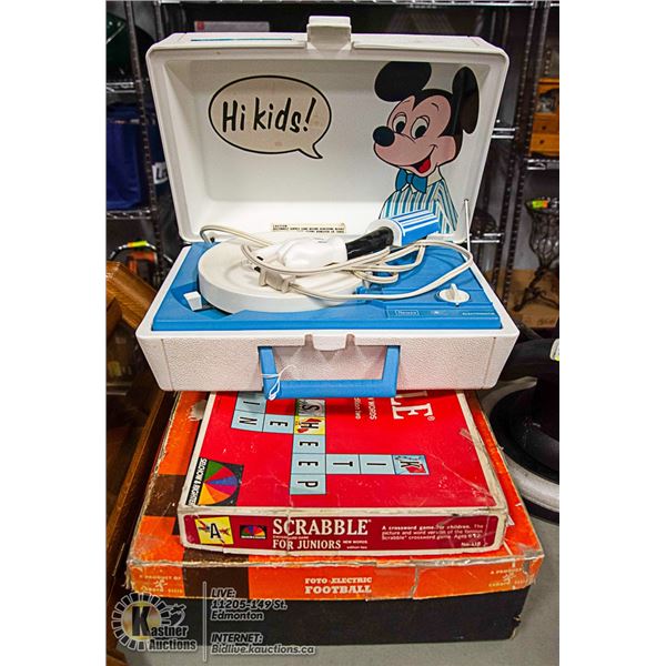 MICKEY MOUSE RECORD PLAYER & VINTAGE FOOTBALL