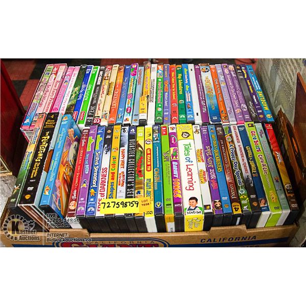 FLAT OF 50+ DVDS MOSTLY KIDS.