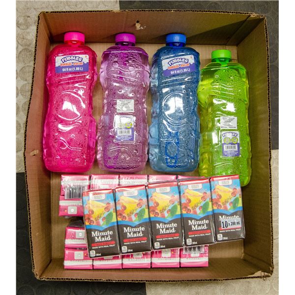 BUBBLES BOTTLES AND JUICE BOX  LOT