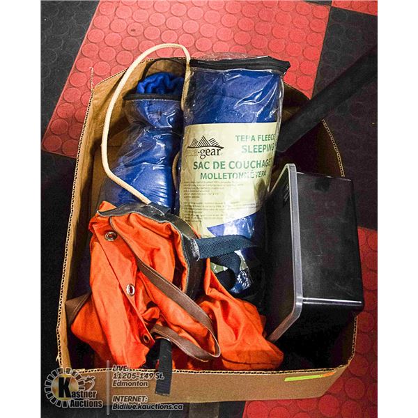 LARGE BOX OF CAMPING GEAR AND SUPPLIES INCL.