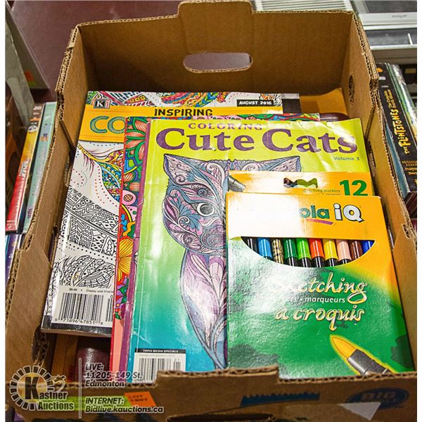 BOX WITH 6 ADULT COLOURING BOOKS, 2 LARGE