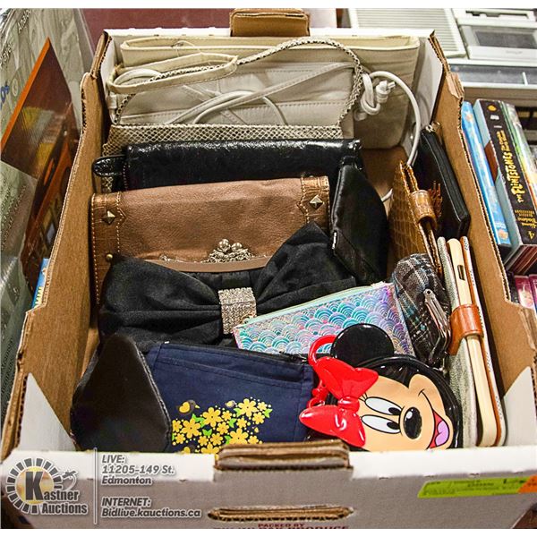 BOX OF CLUTCH PURSES, WALLETS & CHANGE