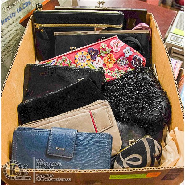BOX OF CLUTCH PURSES WALLETS AND CHANGE