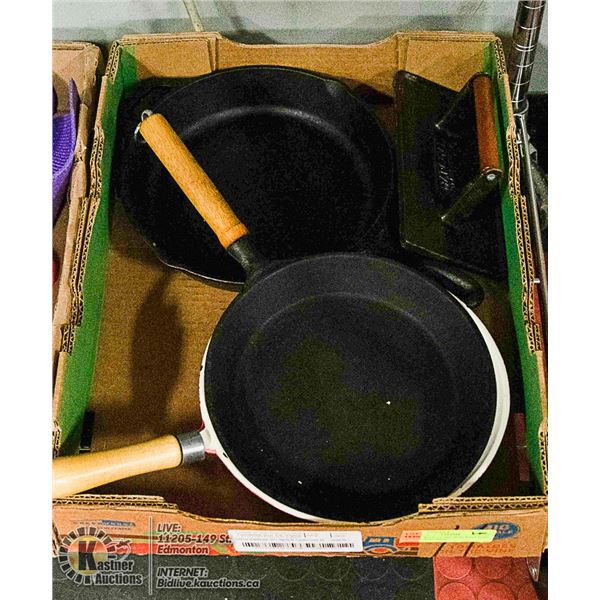 FLAT WITH 3 CAST IRON PANS AND CAST IRON MEAT