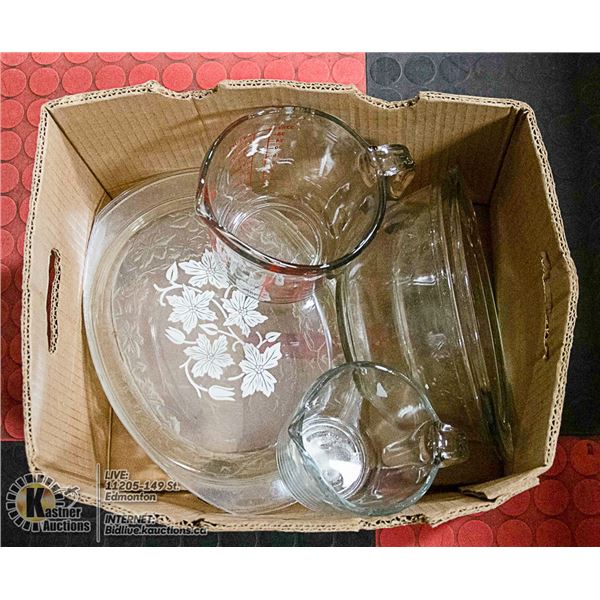 BOX W/ OVENWARE & MEASURING CUPS