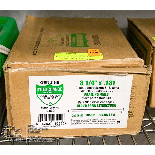 BOX 3.25 INCH X .120 FRAMING NAILS QUANTITY: 2500