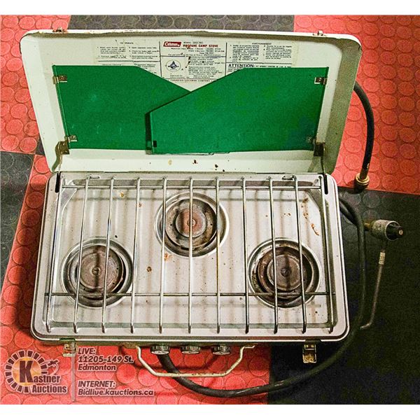 THREE BURNER COLEMAN CAMPSTOVE WITH PROPANE HOSE