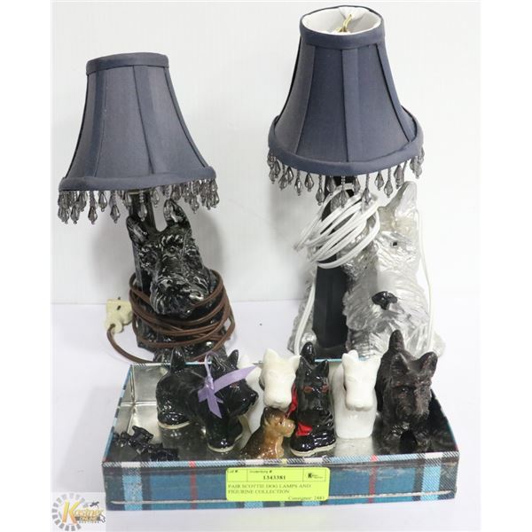 PAIR SCOTTIE DOG LAMPS AND FIGURINE COLLECTION