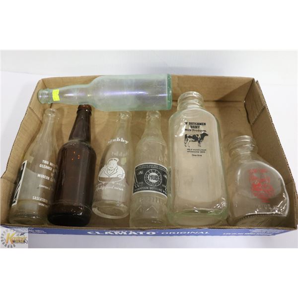 FLAT OF VINTAGE DAIRY AND POP BOTTLES