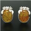 Image 2 : Vintage 18k White Gold Large Oval Amber Diamond Omega Earrings w/ Flower Etching