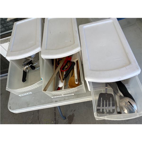 3 containers of kitchen utensils