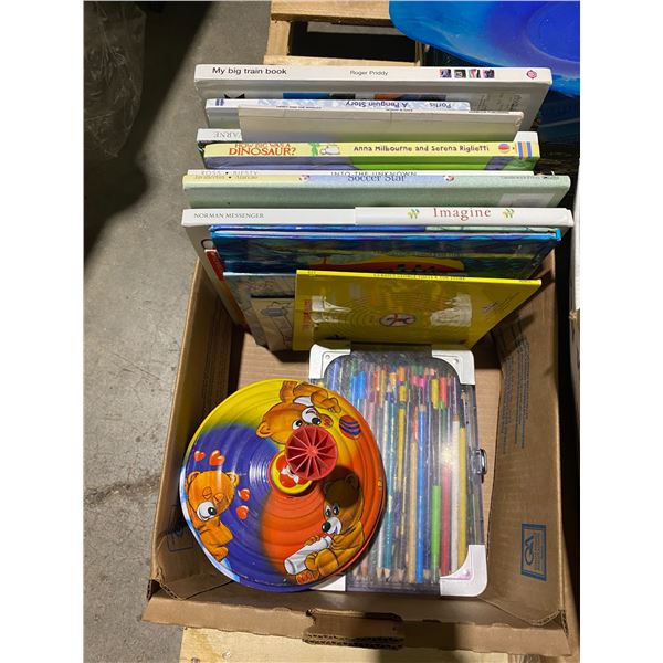Lot books spinning top and pencil crayons