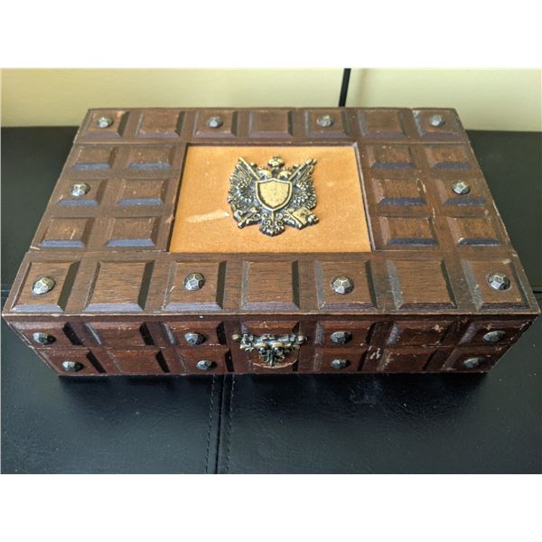 wooden sheild box with contents
