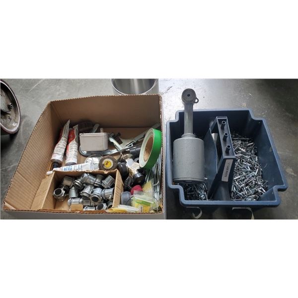 Box and tray of rivets, pneumatic riveter and shop supplies