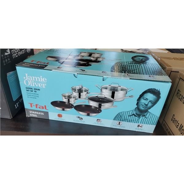 BRAND NEW JAMIE OLIVER SET OF 10 TFAL STAINLESS STEEL COOKWARE IN BOX - INCLUDES 2 SAUCEPANS, COVERE