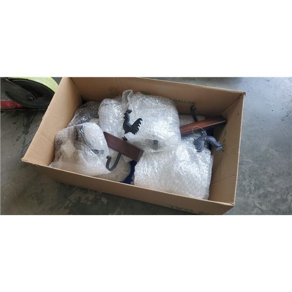 Box of wood and metal rooster hooks