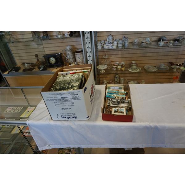 Box and tray of collectibles/history books with 400+ vintage postcards