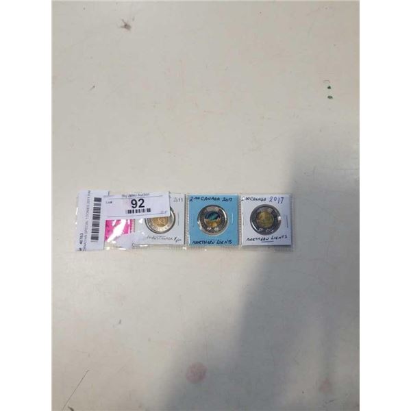 3 CANADIAN SPECIAL TOONIES 2011 PARKS, CANADA 2017  COLOURED, AND PLAIN NORTHERN LIGHTS