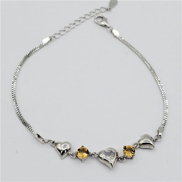 NEW STERLING SILVER GENUINE CITRINE AND CZ HEART BRACELET W/ APPRAISAL $855