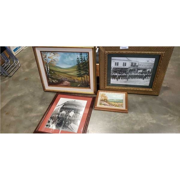 2 framed oil paintings and 2 vintage framed prints