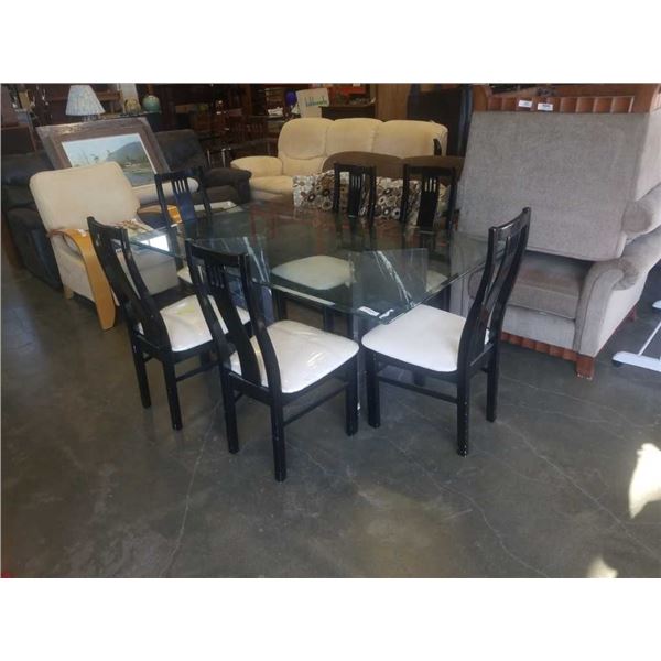 GLASSTOP STONE BASE DINING TABLE WITH 6 BLACK DINING CHAIRS WITH WHITE CUSHIONS - 42 X 72 INCHES X 3