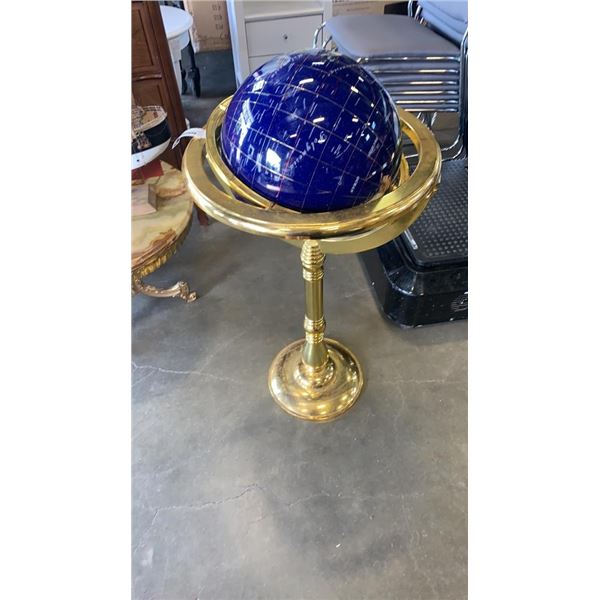 STONE GLOBE ON BRASS STAND - GLOBE CRACKED, INLAY PEELING 38 INCHES TALL