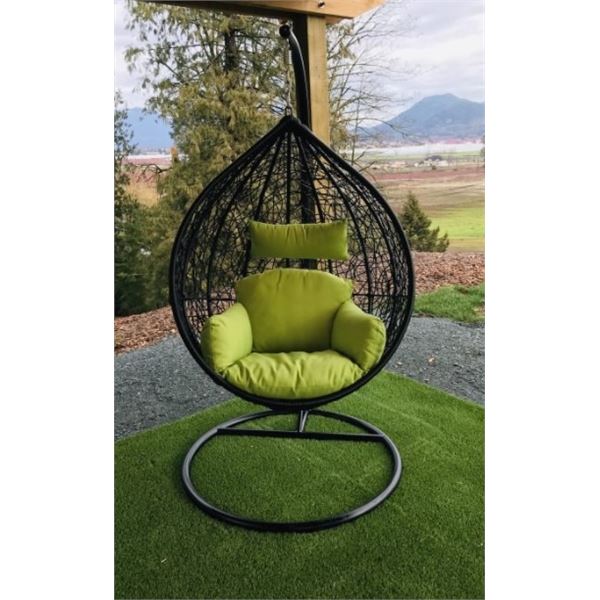 BRAND NEW RATTAN OUTDOOR GREEN TEAR DROP HANGING EGG CHAIR RETAIL $1249 W/  UV AND WATER RESISTANT W