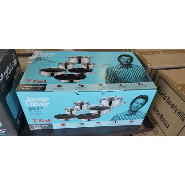 BRAND NEW JAMIE OLIVER SET OF 10 TFAL STAINLESS STEEL COOKWARE IN BOX - INCLUDES 2 SAUCEPANS, COVERE