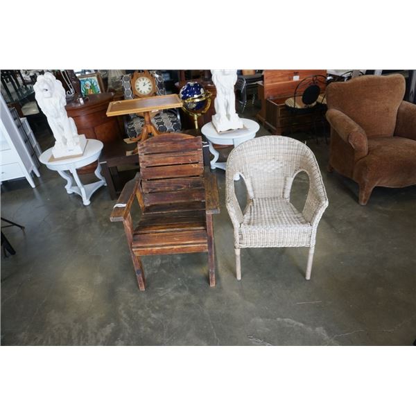 RUSTIC WOOD PATIO CHAIR AND WICKER PATIO CHAIR