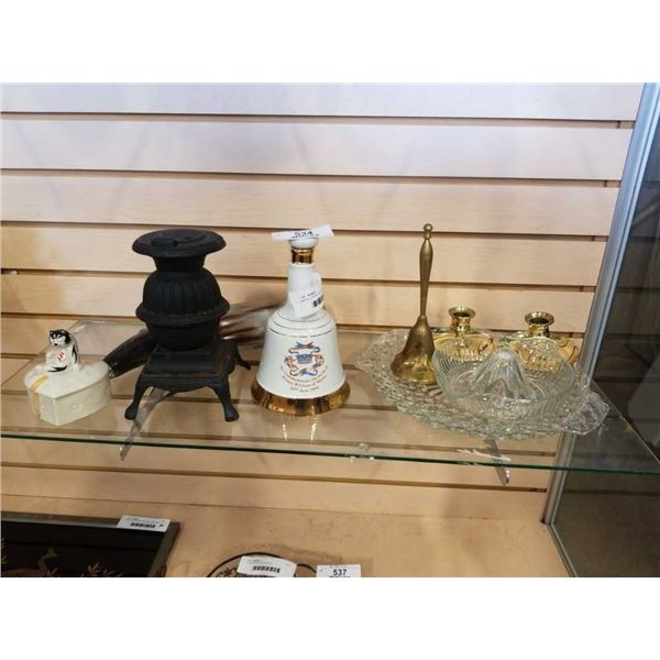 JAPAN LIDDED CAT DISH, CRYSTAL DISH, HORN, BRASS BELL, 2 CANDLESTICKS, MINIATURE CAST IRON STOVE