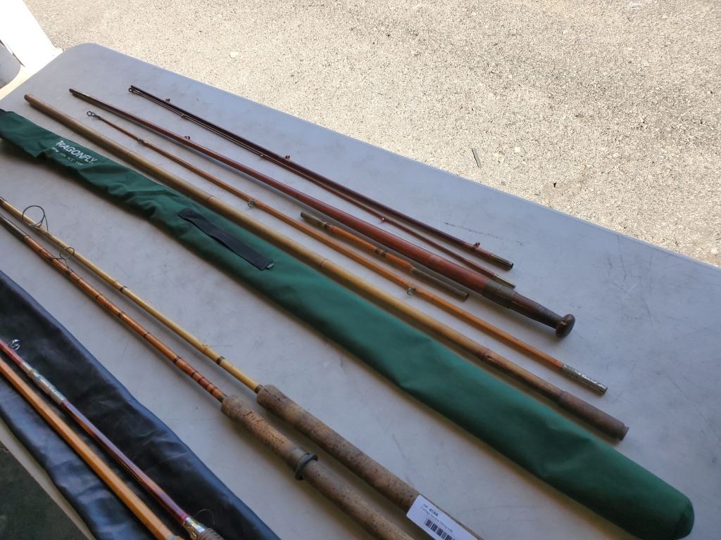 Vintage 3 pc wood fishing rod, with split cane piece, bamboo piece and ...