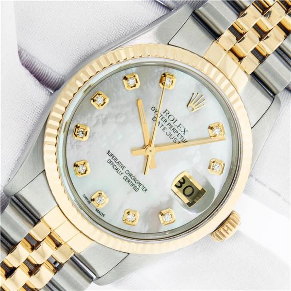 Rolex Mens 2 Tone Mother Of Pearl VS Diamond 36MM Datejust Wristwatch With Rolex