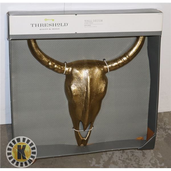 WALL DECOR STEER HEAD; GOLD FINISH; 16" BY 19"
