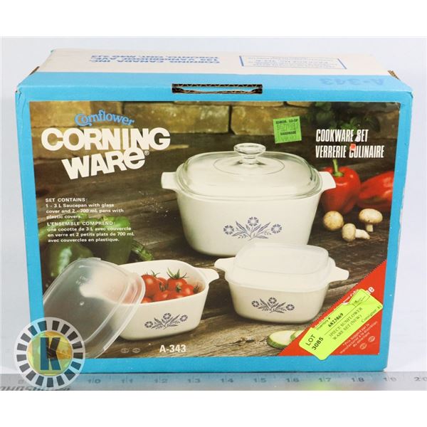 VINTAGE 3PIECE SUNFLOWER CORNING WARE SET (NEW)