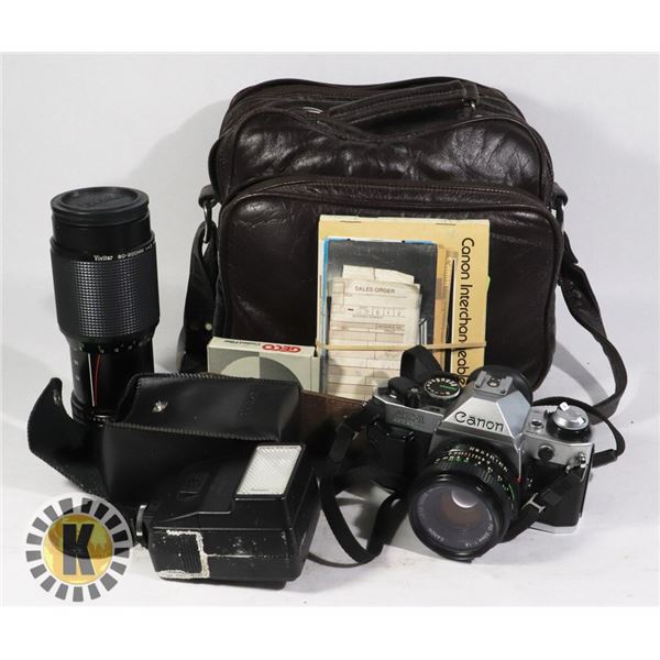 VINTAGE CAMERA, FLASH & BAG- CANON AE-1 PROGRAM