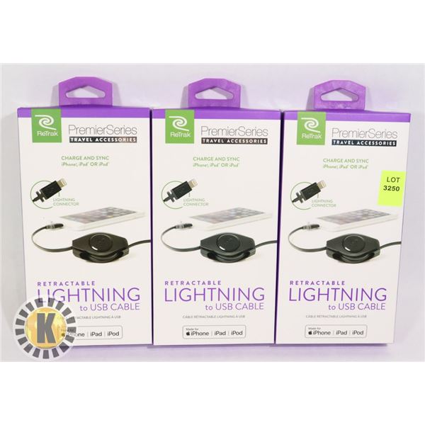 THREE RETRAK RETRACTABLE LIGHTING TO USB CABLE